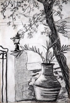 Sunser Bar Molivos, drawing by Judith Shaw