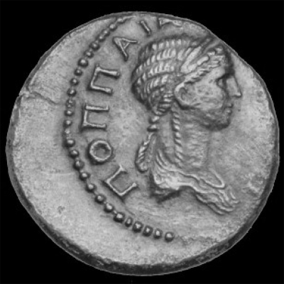 Poppaea Sabina as portrayed on a Roman coin minted 62-65 CE.