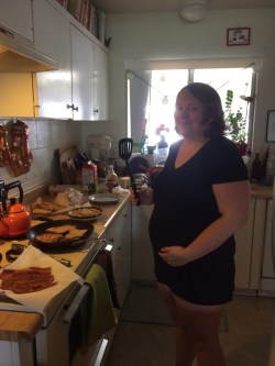 Pregnant me, cooking turkey bacon and french toast.