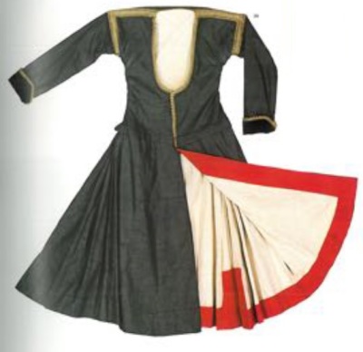 The old style of costume from Megara with strong black, white and red colours