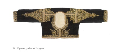 Velvet jacket (zipoúni) of Mégara with downwards-facing Goddess embroideries