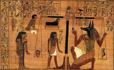 Egyptian hearts being weighed against Maat's feather